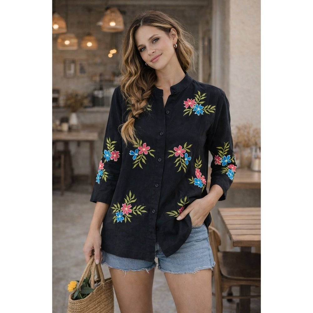 Vintage Embroidered Floral Black Linen Blend Top Boho Button Shirt M